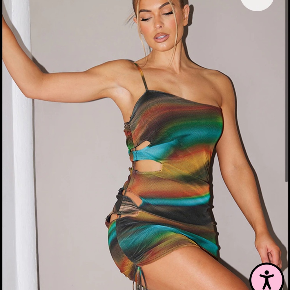 PLT Multi Abstract Print Mesh Side Cut Out Ruched Bodycon Dress
